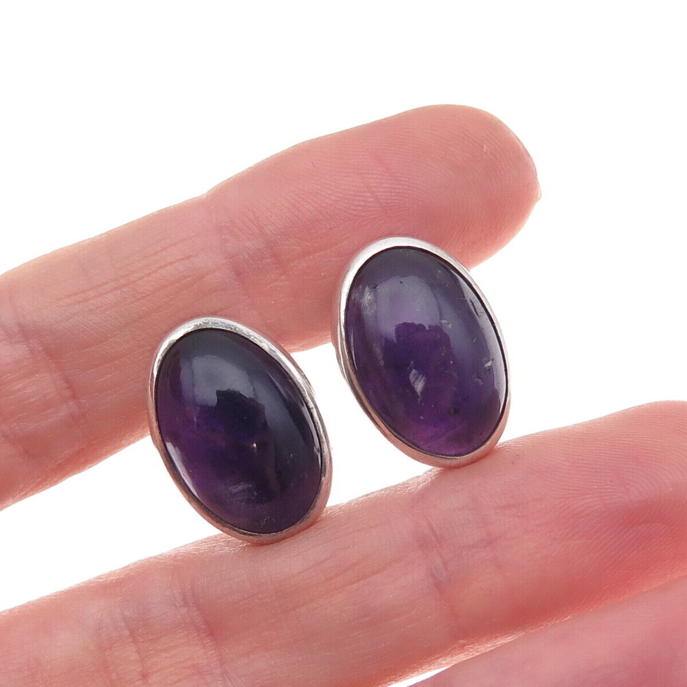925 Sterling Silver Vintage Mexico Real Amethyst Oxidized Screw Back Earrings